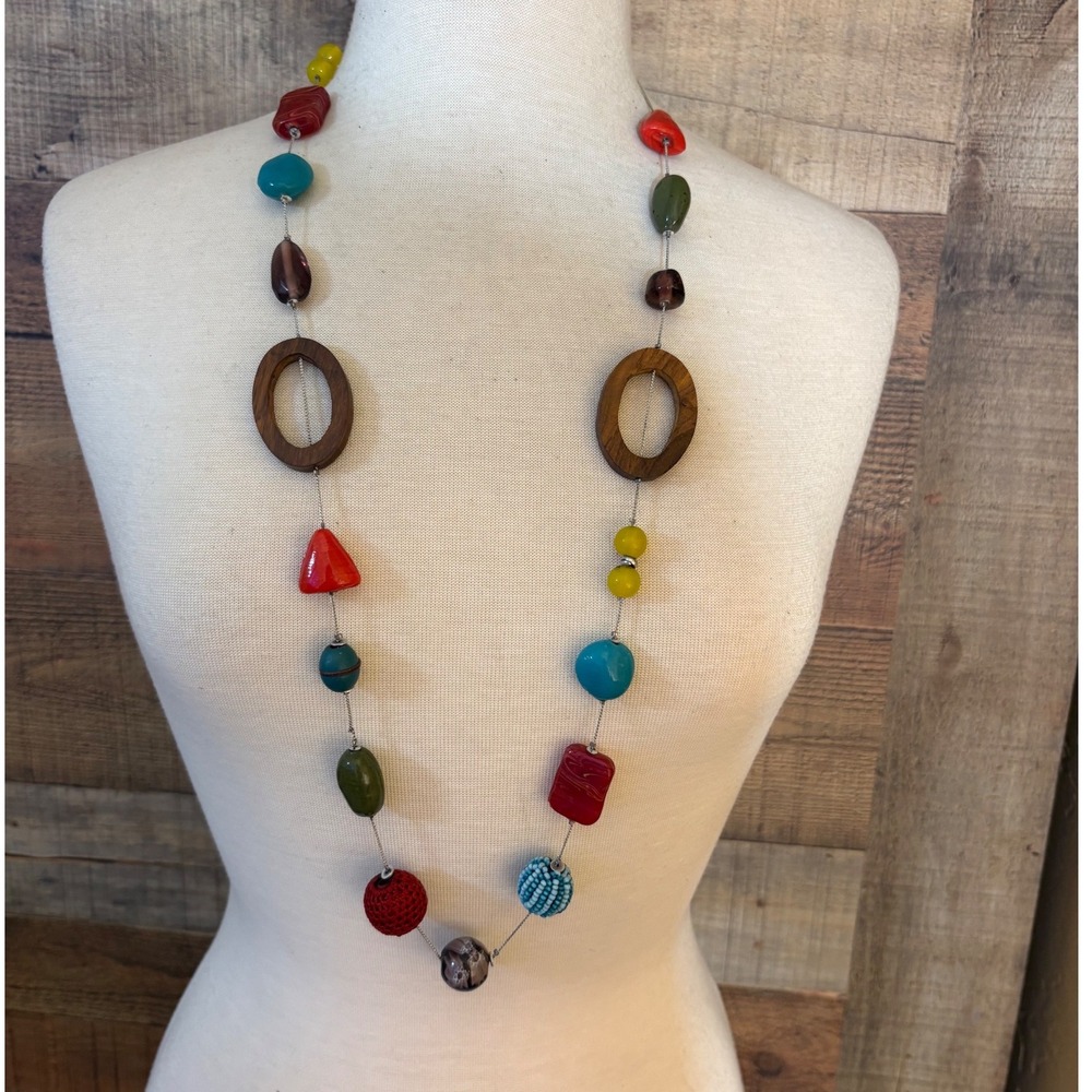 NY Multicolor Mixed Media Station Necklace Wood Resin Crochet Long Strand 24in